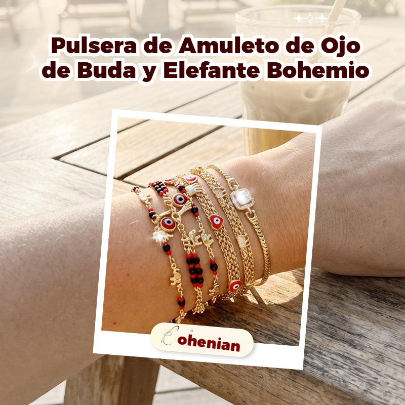 📿 ¡OFERTA POR TIEMPO LIMITADO CON UN 50% DE DESCUENTO! 🌀 Pulsera boho con amuletos y un elefante de la suerte: colgantes simbólicos, forma ajustable, baño de oro y 7 estilos ✨