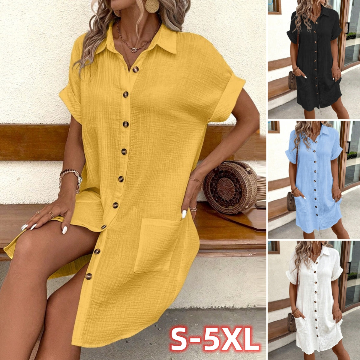 😀Vestido de algodón de manga corta, ligero y transpirable.