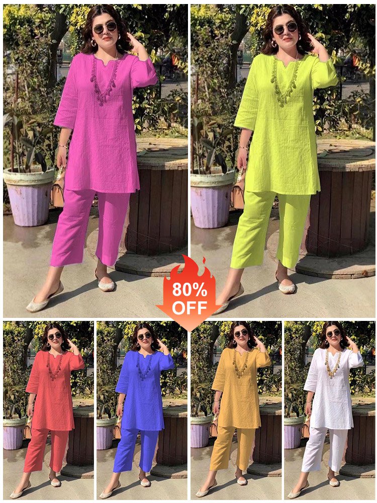 【40-100kg】Verano nueva moda color sólido temperamento viaje estilo étnico ropa de manga larga traje de dos piezas
