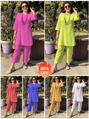 【40-100kg】Verano nueva moda color sólido temperamento viaje estilo étnico ropa de manga larga traje de dos piezas