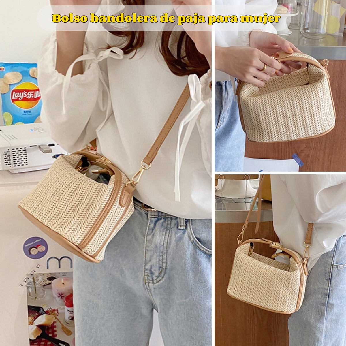 👜✨Bolso bandolera de paja elegante para mujer, con correa de hombro desmontable y diseño con hebilla.