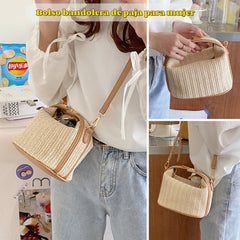 👜✨Bolso bandolera de paja elegante para mujer, con correa de hombro desmontable y diseño con hebilla.
