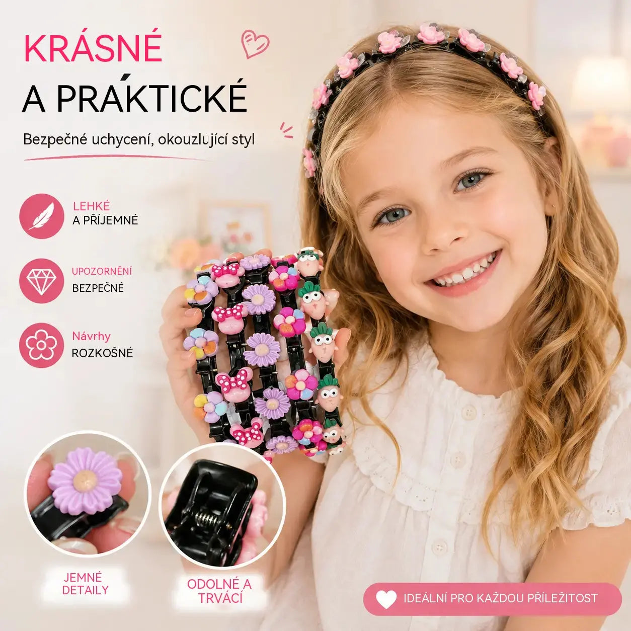 👑【5dílná sada】Ozdobné tyčinky do vlasů, sponky a stuhy do copů pro dívky