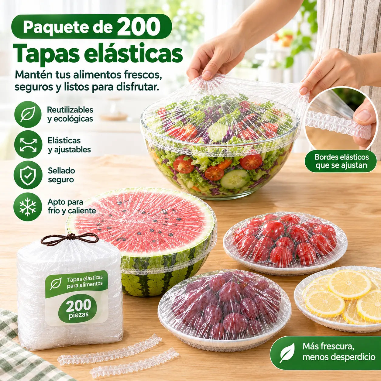 【200 piezas】Film transparente desechable, ideal para recipientes y alimentos. Se ajusta perfectamente, ofrece un buen sellado y es fácil de usar.