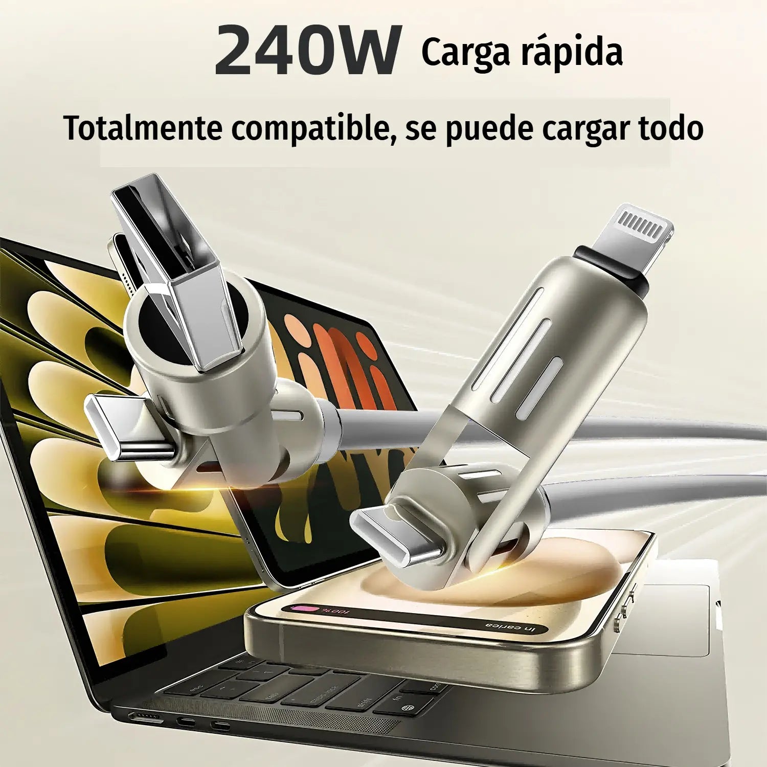 🔥 (2 metros de largo) Cable 4 en 1 PD 240 W – Carga rápida USB‑C, Lightning y USB‑A, aluminio y silicona, sincronización de datos ⚡📱