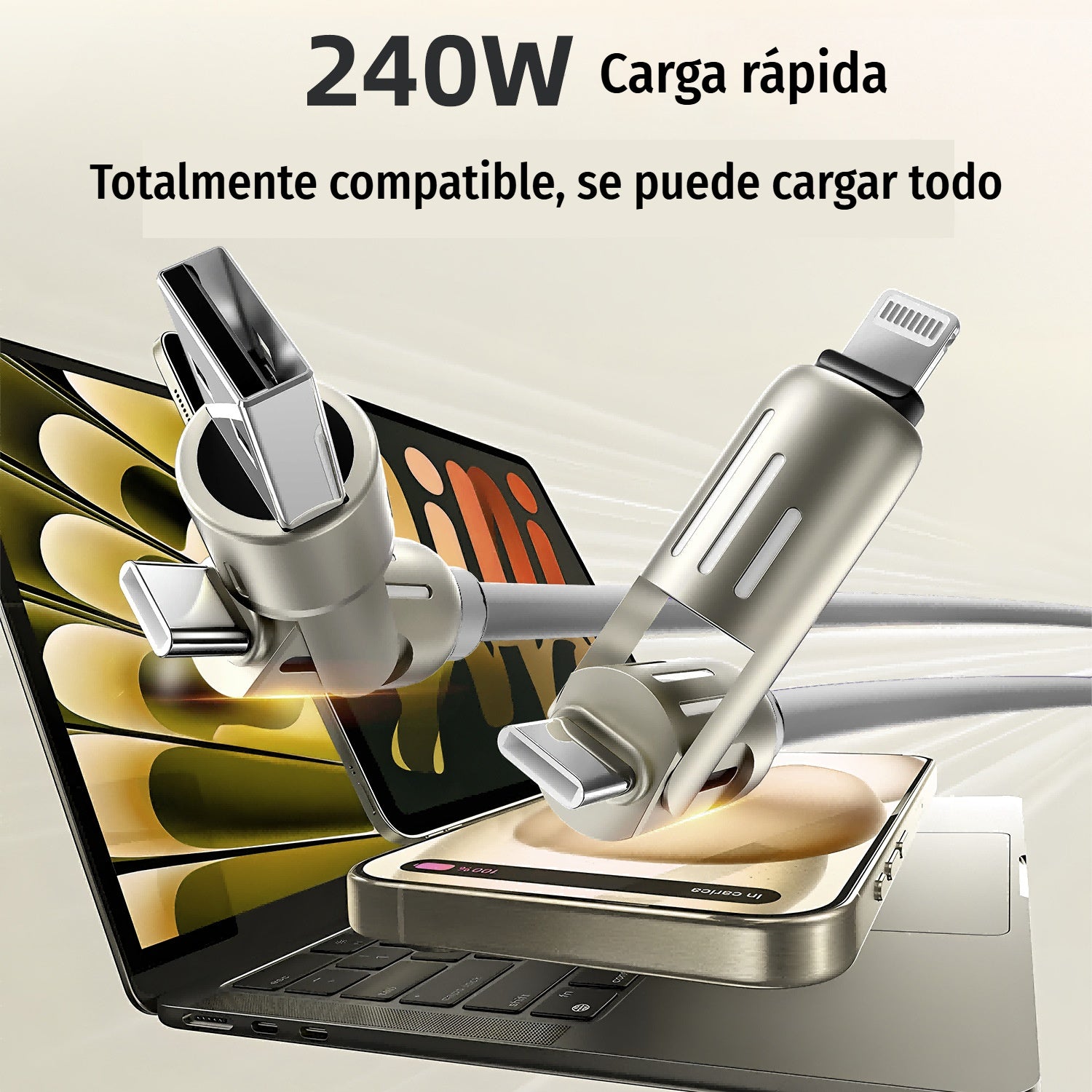 🔥 【2 tk 27 euro eest】 🔥 (2 meetrit pikk) 4-ühes PD 240 W kaabel – kiirlaadimine USB‑C, Lightning ja USB‑A, alumiinium ja silikoon, andmete sünkroniseerimine ⚡📱
