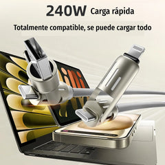 🔥 (2 metros de largo) Cable 4 en 1 PD 240 W – Carga rápida USB‑C, Lightning y USB‑A, aluminio y silicona, sincronización de datos ⚡📱