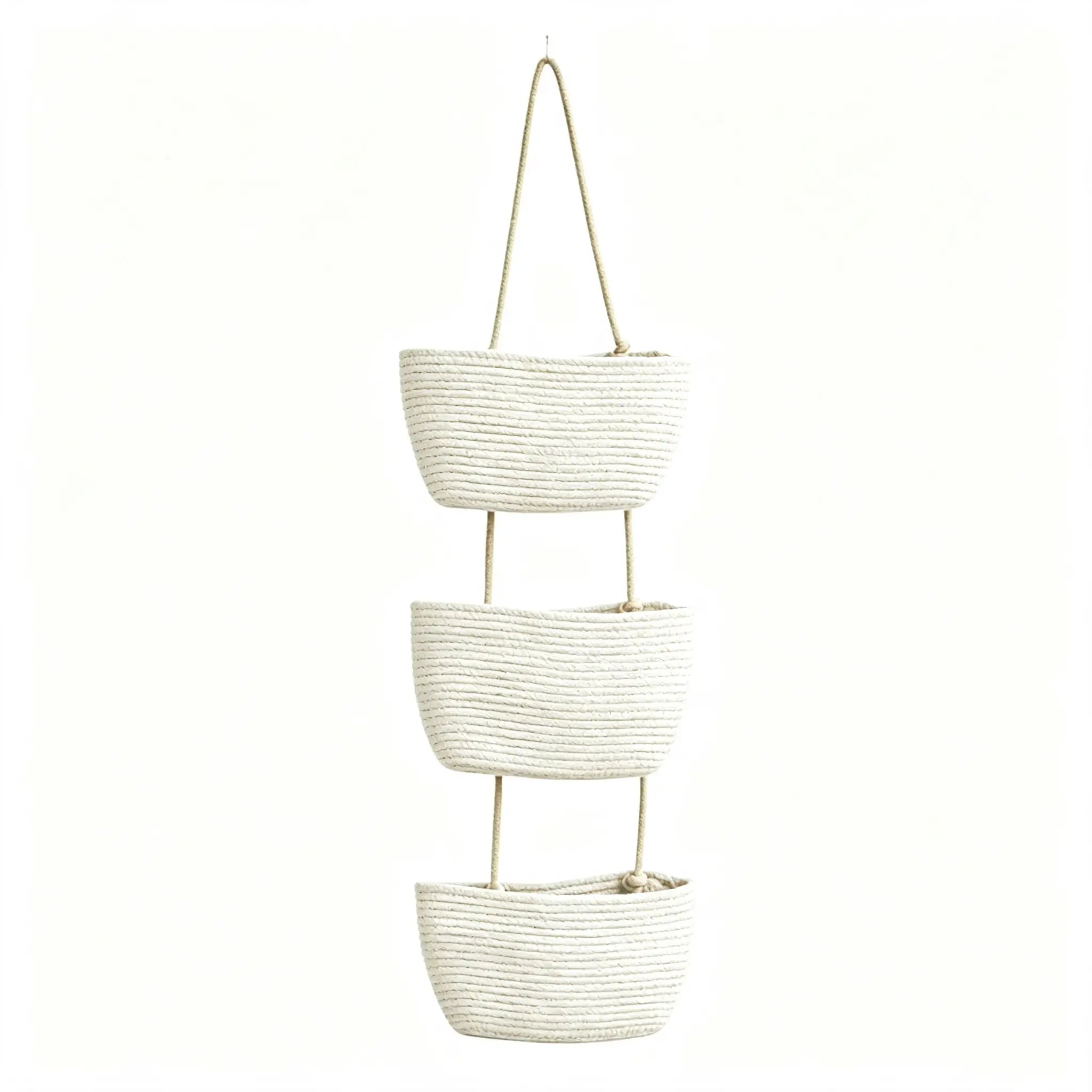 🌿 Cesta de almacenamiento colgante de pared de algodón tejido a mano, con 3 niveles desmontables – Organizador boho para hogar, baño y dormitorio