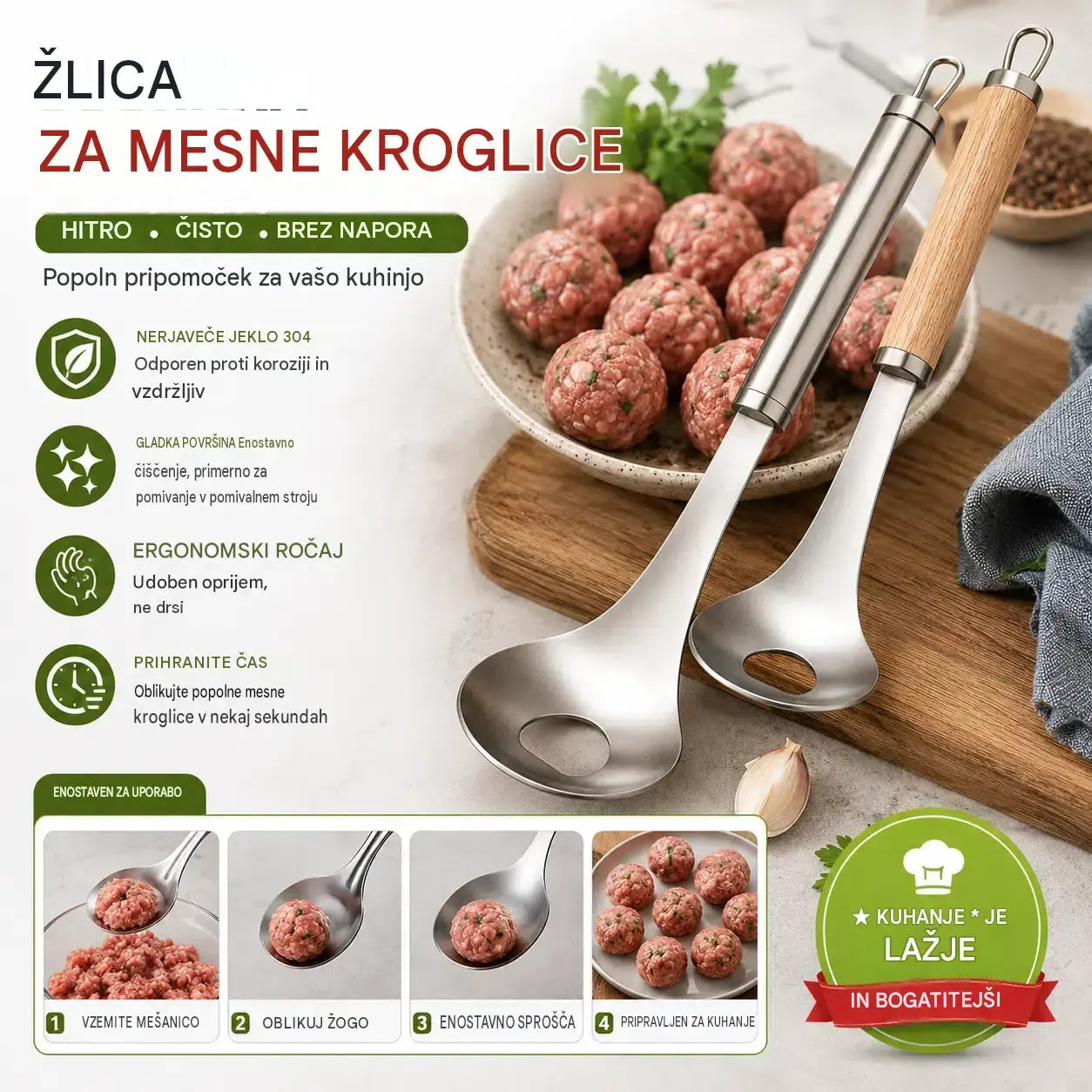 🍖 【2 kosa】Mod za mesne kroglice iz nerjavečega jekla 304 – idealen za pripravo mesnih in ribjih mesnih kroglic, popoln za kuhanje doma 🥄
