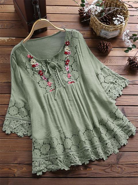 ❤️🔥【39%OFF】😍【S-5XL】Camisa casual de encaje con cuello en V de color sólido para mujer