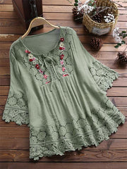 ❤️🔥【39%OFF】😍【S-5XL】Camisa casual de encaje con cuello en V de color sólido para mujer