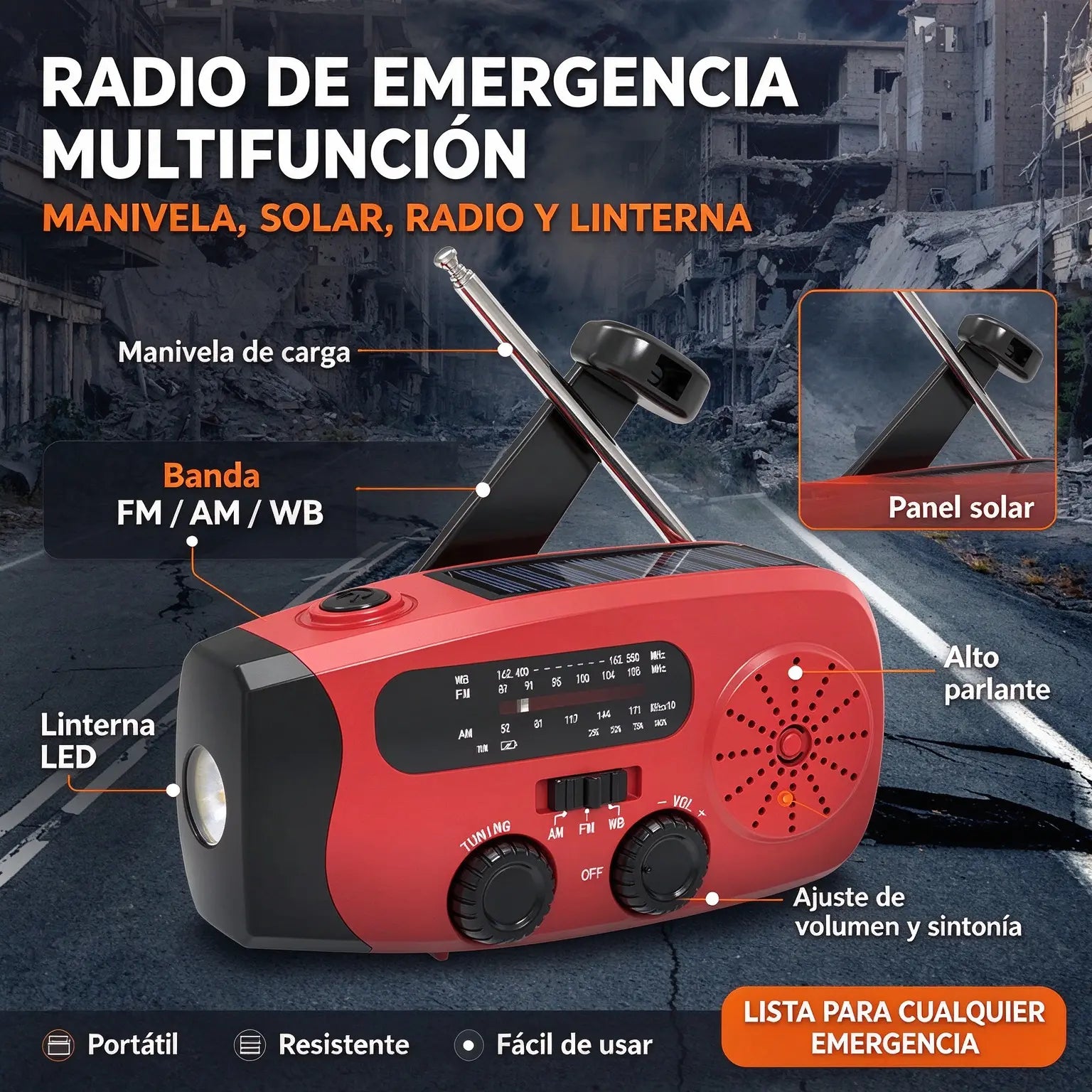 ⏳⏳ ¡50 % DE DESCUENTO POR TIEMPO LIMITADO! 📻 Radio de emergencia solar portátil multifuncional: incluye batería externa (power bank), manivela y alertas meteorológicas; ideal para actividades al aire libre y situaciones de emergencia.
