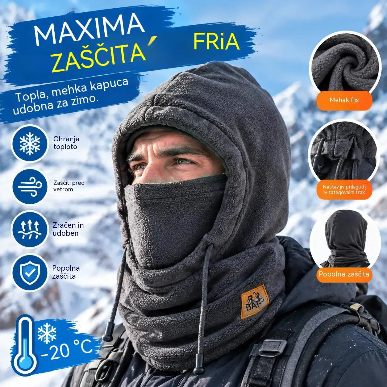 ❄️ Termo kapa, ki popolnoma pokrije glavo in ima podlogo iz flisa, zato vas greje tudi pri temperaturah do -20 °C. ⛷️ Idealna za smučanje, vožnjo z motorjem in dejavnosti na prostem.