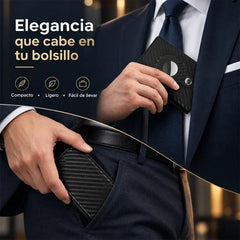 🖤 Tarjetero de Cuero Carbono con Clip Automático de Aluminio | Bloqueo RFID | Porta Tarjetas Minimalista y Moderno ✨