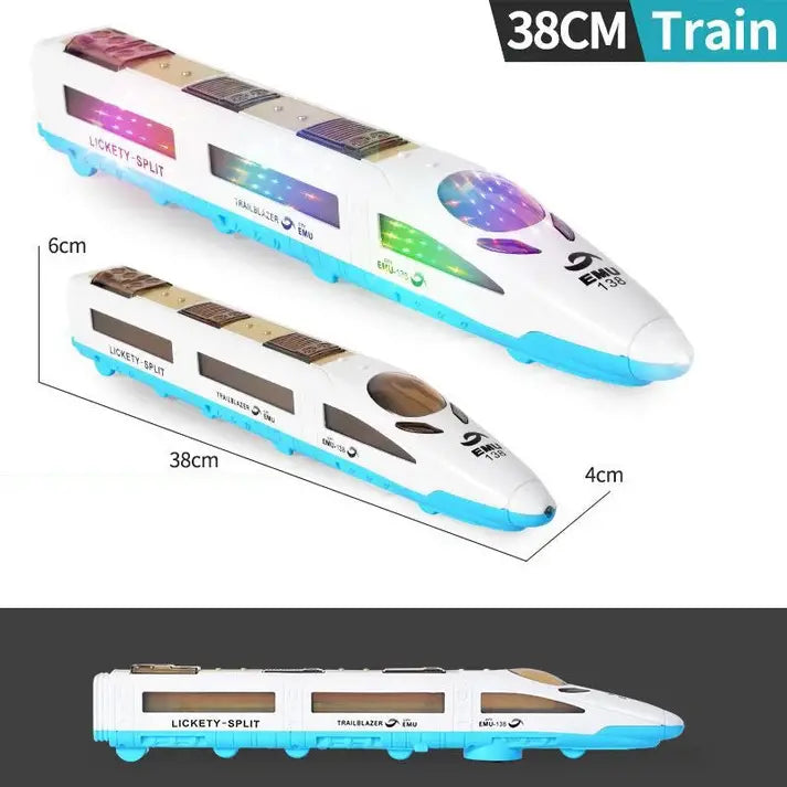 🚄1 piezas 30 euro 🎵 Tren eléctrico de juguete de alta velocidad: se ilumina, cambia de dirección al chocar y reproduce música; luces y sonidos interactivos; navegación inteligente para sortear obstáculos ✨