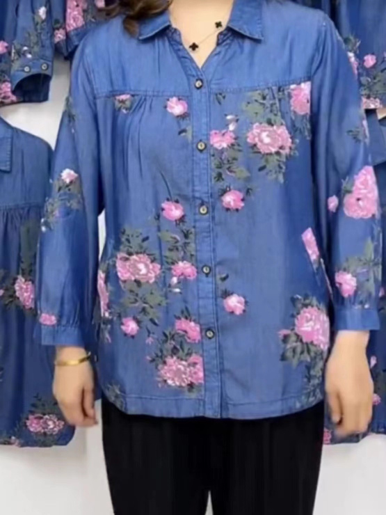 🔥【S-4XL】Camisa con estampado de mezclilla para madre de mediana edad