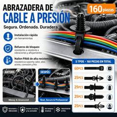 🔧【160 piezas】5 tipos de bridas de cable de nailon PA66 de alta resistencia | Resistentes al calor, aceite y vibración | Instalación rápida sin herramientas ⚡