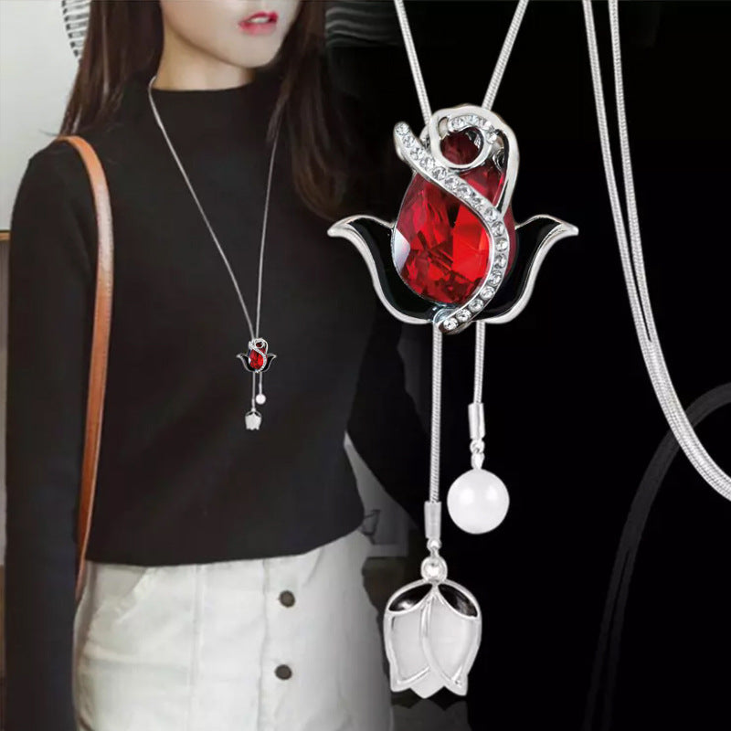 💝【2 piezas】✨Collar largo de tulipán con ojo de gato, cadena para suéter, accesorios de ropa