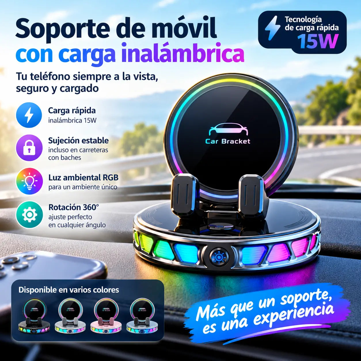 📱 Soporte para coche RGB con sujeción automática y carga inalámbrica de 15 W