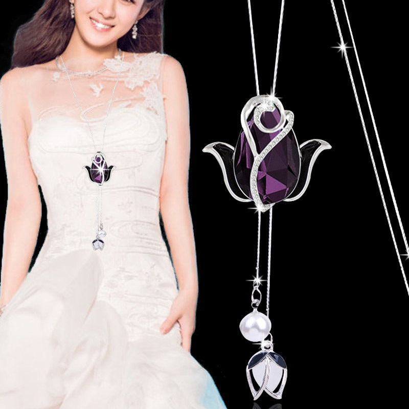 💝【2 piezas】✨Collar largo de tulipán con ojo de gato, cadena para suéter, accesorios de ropa