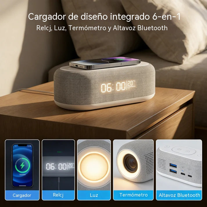 Reloj, despertador, carga inalámbrica, lámpara de escritorio, termómetro, cargador inalámbrico para teléfono 6 en 1
