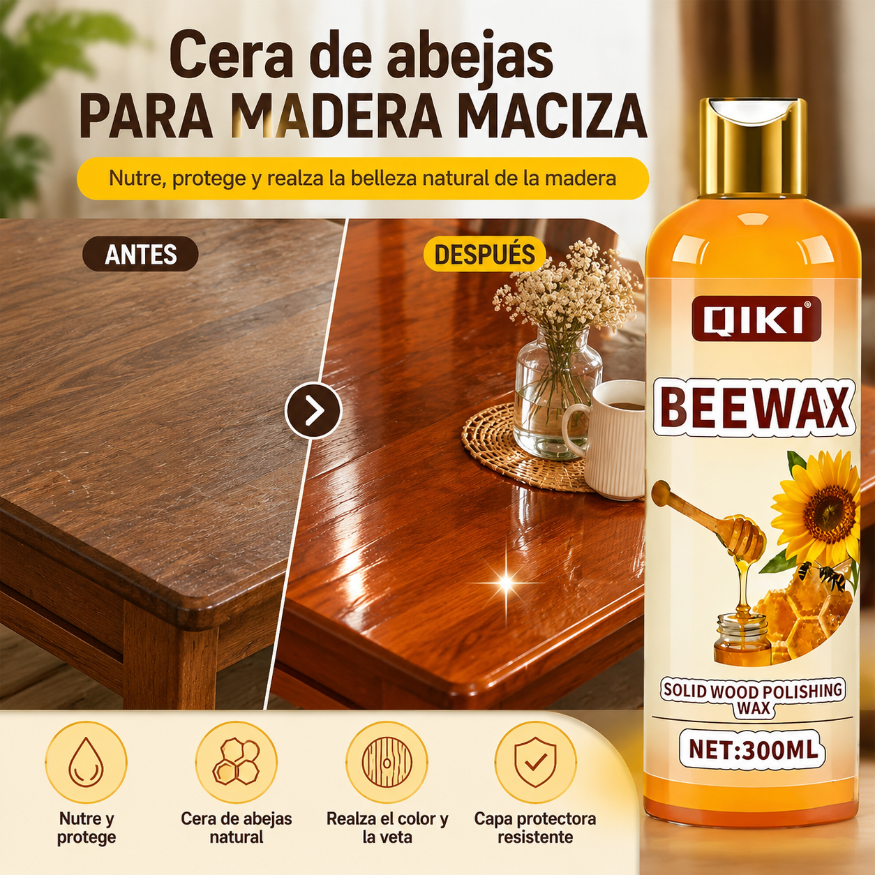 🔥Oferta por tiempo limitado✨Crema de cera de abeja natural de alta eficacia para pulir y limpiar madera.
