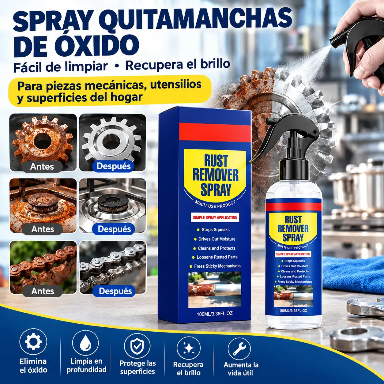 🔥【Paquete de 2】✨ Spray eliminador de óxido: Elimina sin esfuerzo el óxido de piezas mecánicas y superficies de utensilios de cocina, devolviéndoles un aspecto como nuevo.