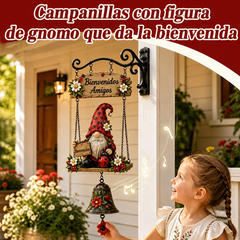 Campana de bienvenida con gnomo de jardín, placa de "Bienvenido", campana de bronce retro, soporte de pared de hierro, decoración para patio y jardín.
