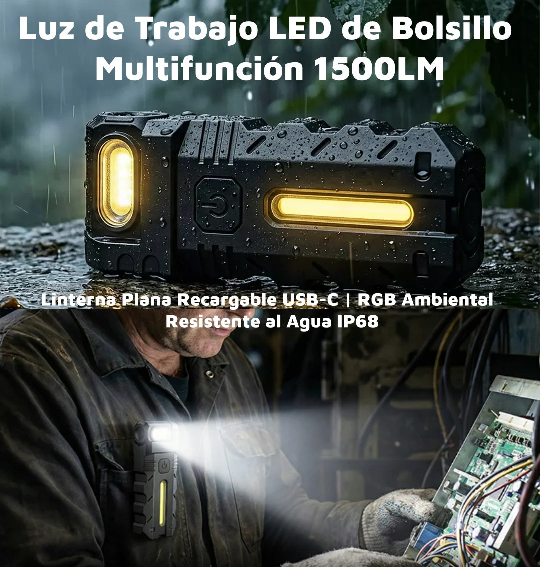 🔦✨ Luz de Trabajo LED de Bolsillo Multifunción 1500LM 🏕 Linterna Plana Recargable USB-C | RGB Ambiental | Resistente al Agua IP68