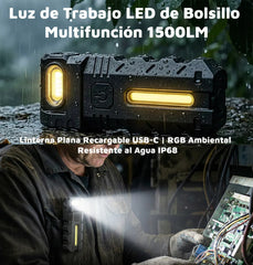 🔦✨ Luz de Trabajo LED de Bolsillo Multifunción 1500LM 🏕 Linterna Plana Recargable USB-C | RGB Ambiental | Resistente al Agua IP68