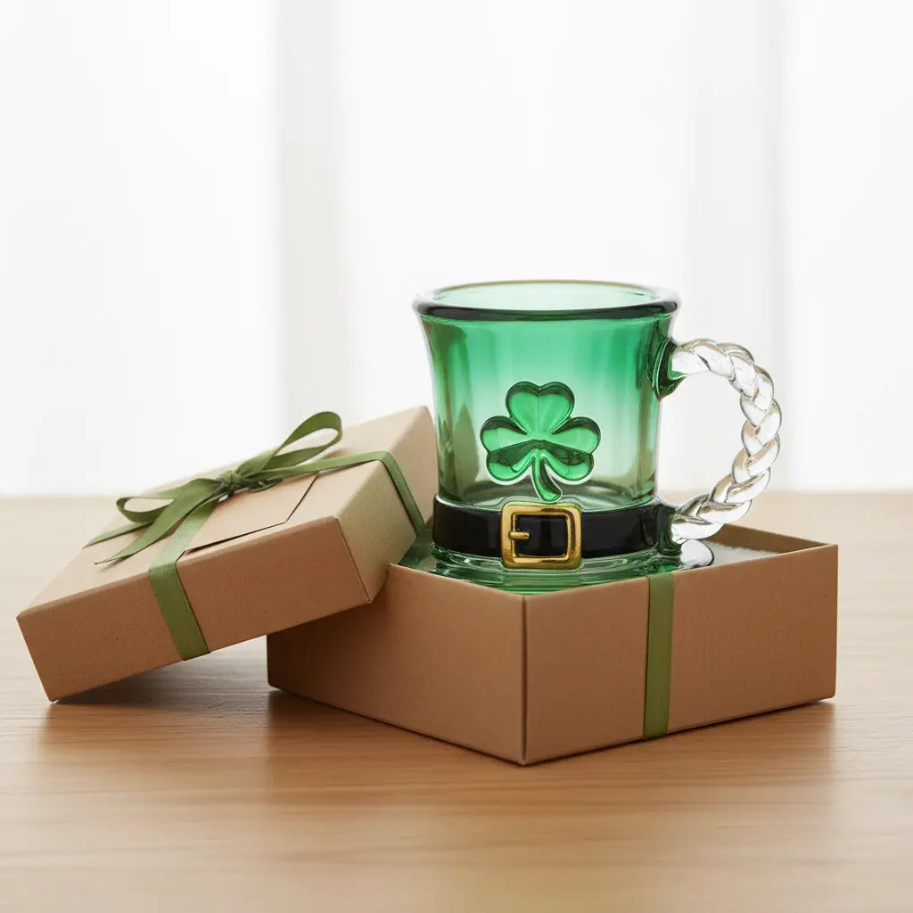 🔥☕Taza de cristal con gorro de duendecillo y trébol de la suerte - Taza de café verde esmeralda