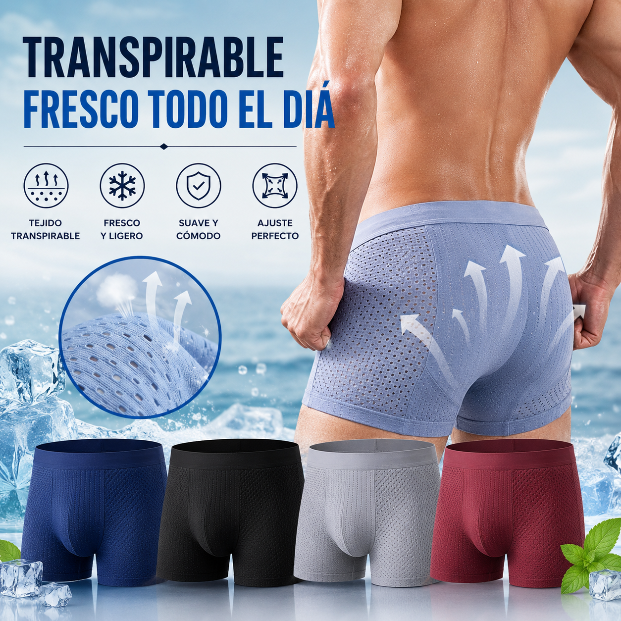 🔥【4 piezas por 26 euros】Calzoncillos bóxer de malla transpirable y cómodos para hombre