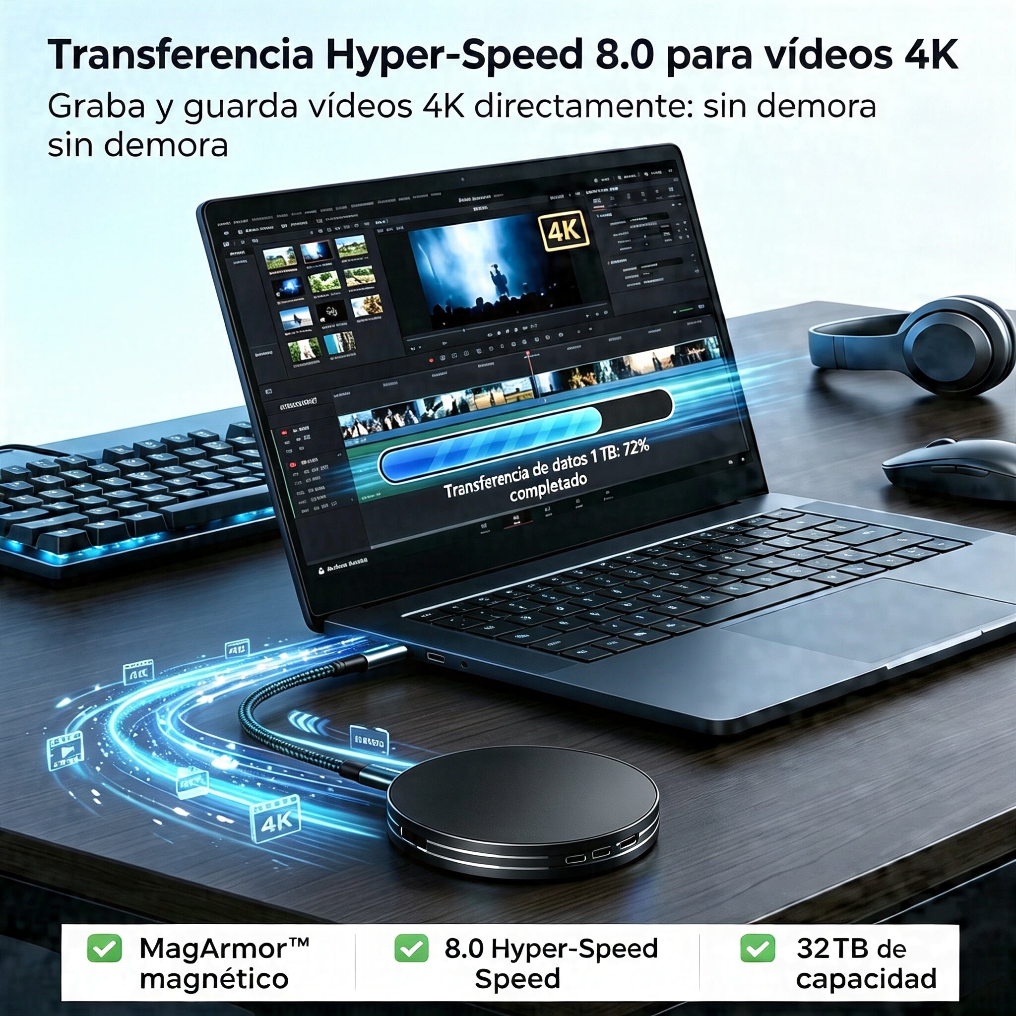 【8TB】🧲 SSD externo magnético de 2 TB | ⚡ Lectura ultrarrápida de 1050 MB/s | USB 3.1 5 Gbps | Disco fino portátil para portátil, sobremesa y móvil 💻📱
