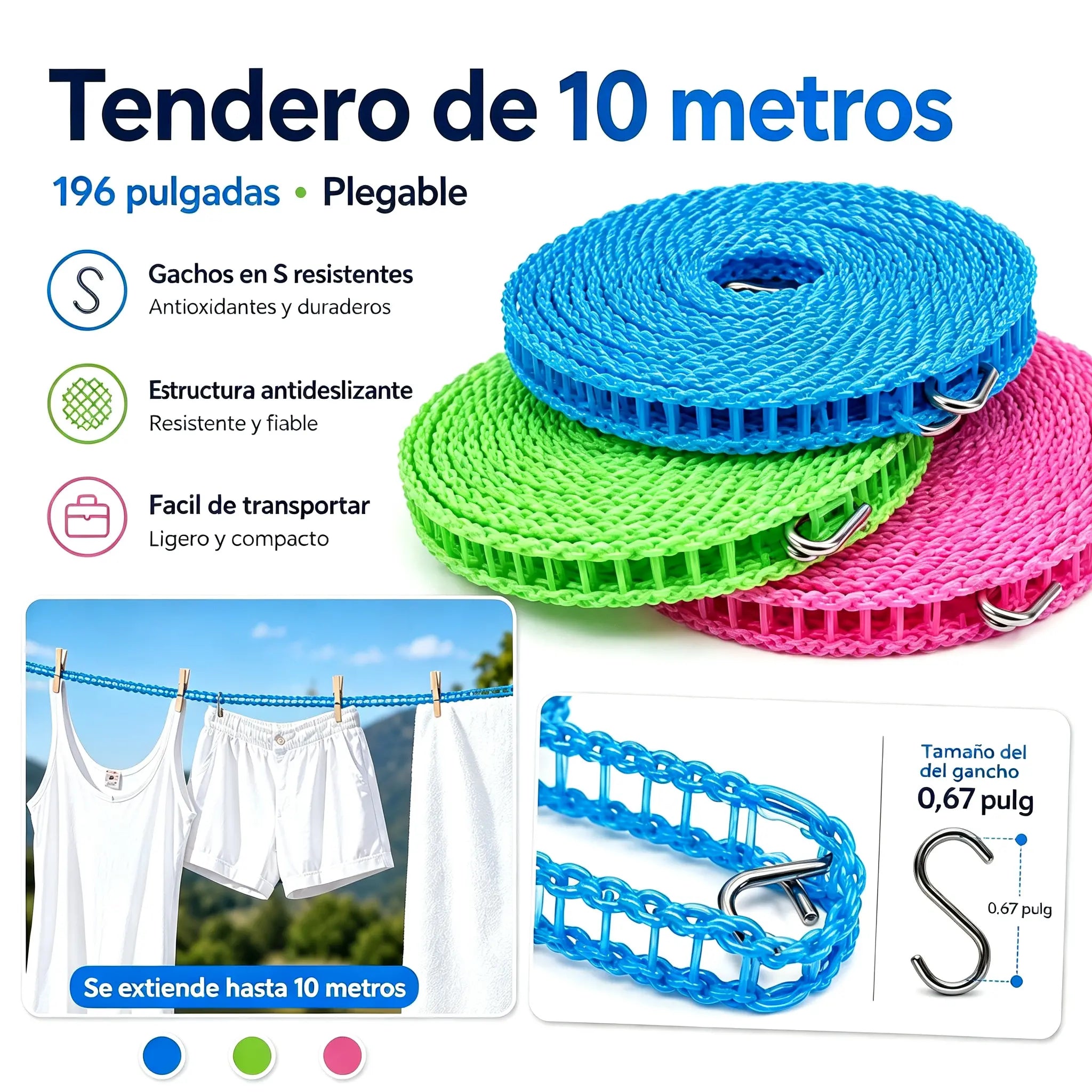 💥【3 piezas】🔗 Tendedero antideslizante y resistente al viento 👕 Evita el caos en la colada con el viento 🌬️