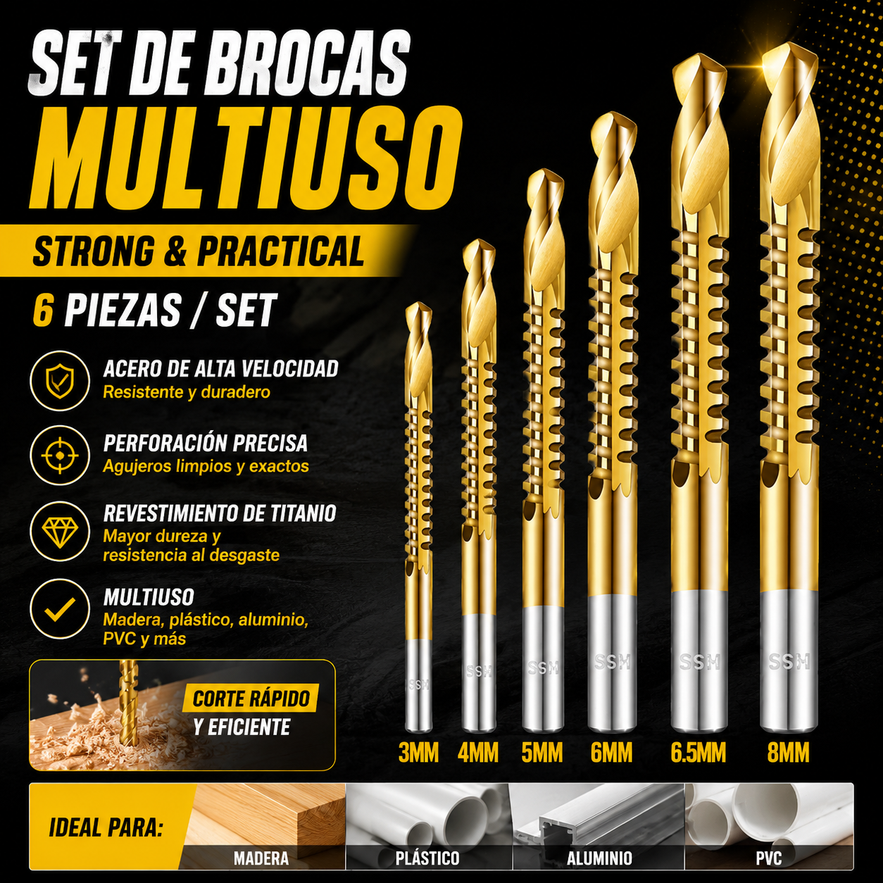 【3+4+5+6+6.5+8 mm】⚙️ Juego de brocas helicoidales: acero de alta velocidad, recubiertas de titanio y compatibles con muchos materiales 🧰