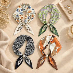 🧣【4-dielna sada】✨ Dámska hodvábna šatka s perlami a magnetickým zapínaním | Elegantná, bez uzlov | Rôzne potlače 🎀