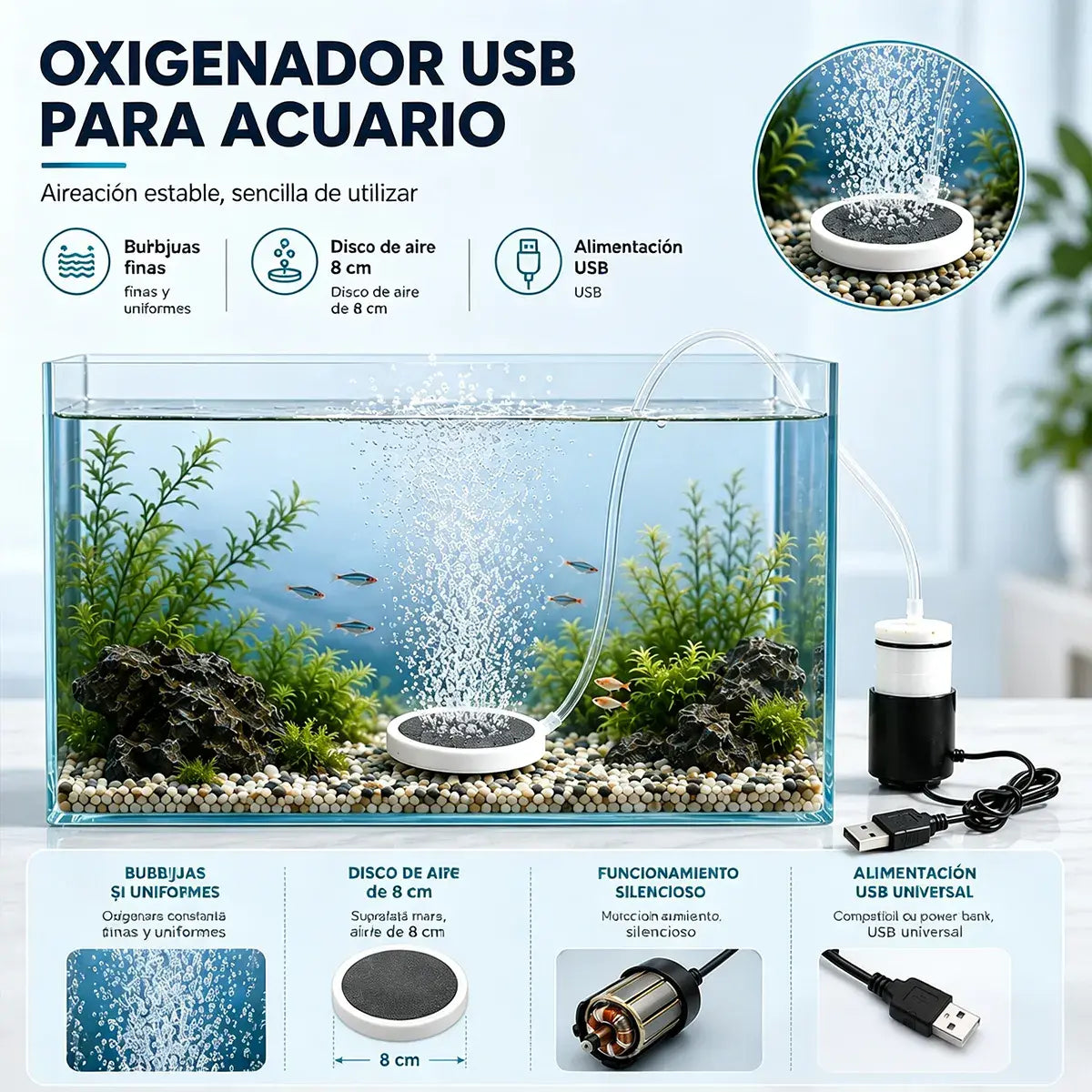 🐟🔇 Bomba de aire para pecera USB ultra silenciosa – Oxigenador portátil recargable para acuarios y pesca 🎣