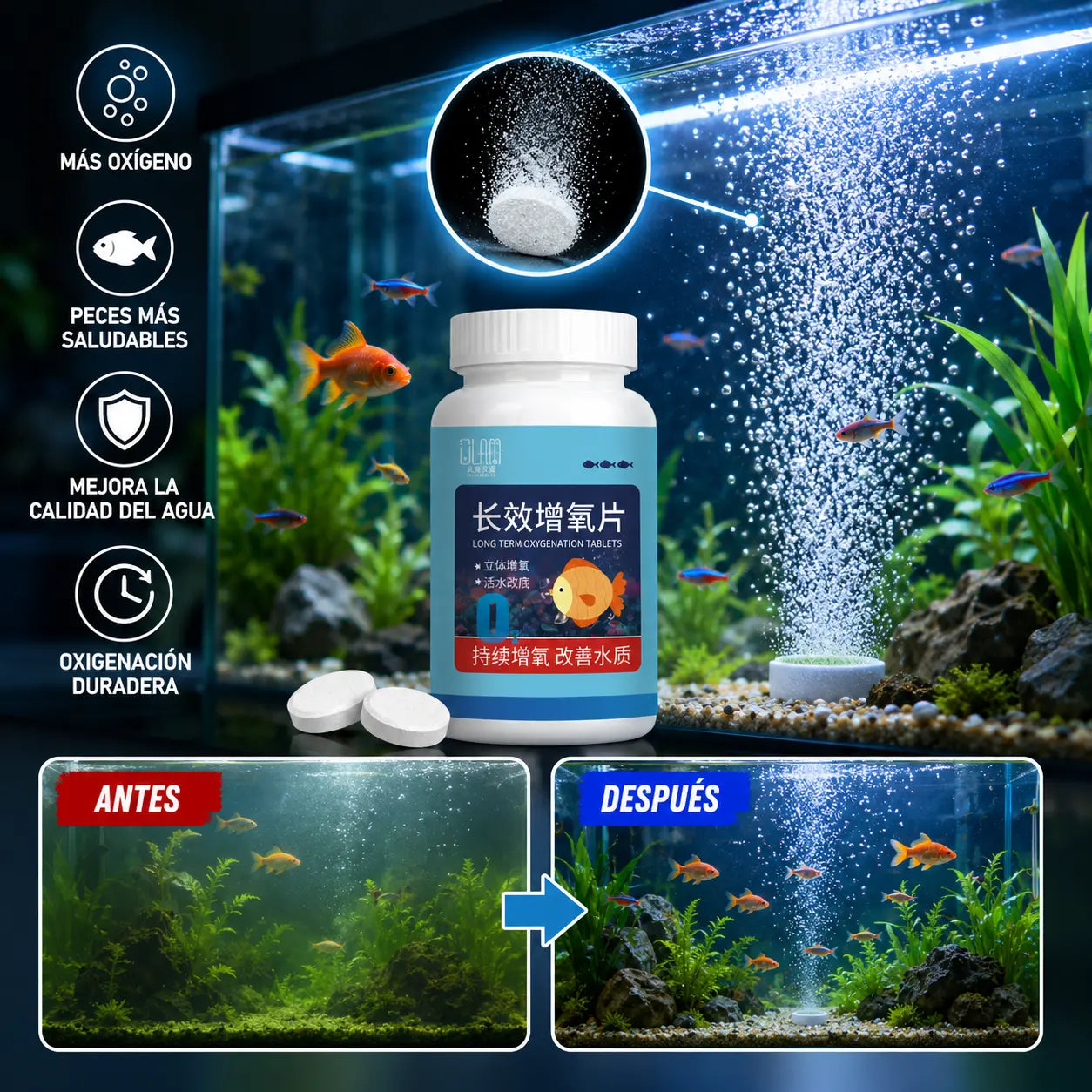 🔥Compra 1 y llévate 1 gratis (2 botellas-400 piezas)🐠🌿 Pastillas purificadoras de agua para acuario + pastillas oxigenadoras