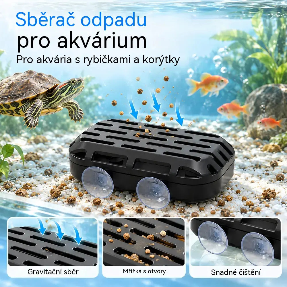 🐢 Sběrač odpadu z akvária a pro želvy · Gravitační sběr · Dvě přísavky · Snadné čištění!