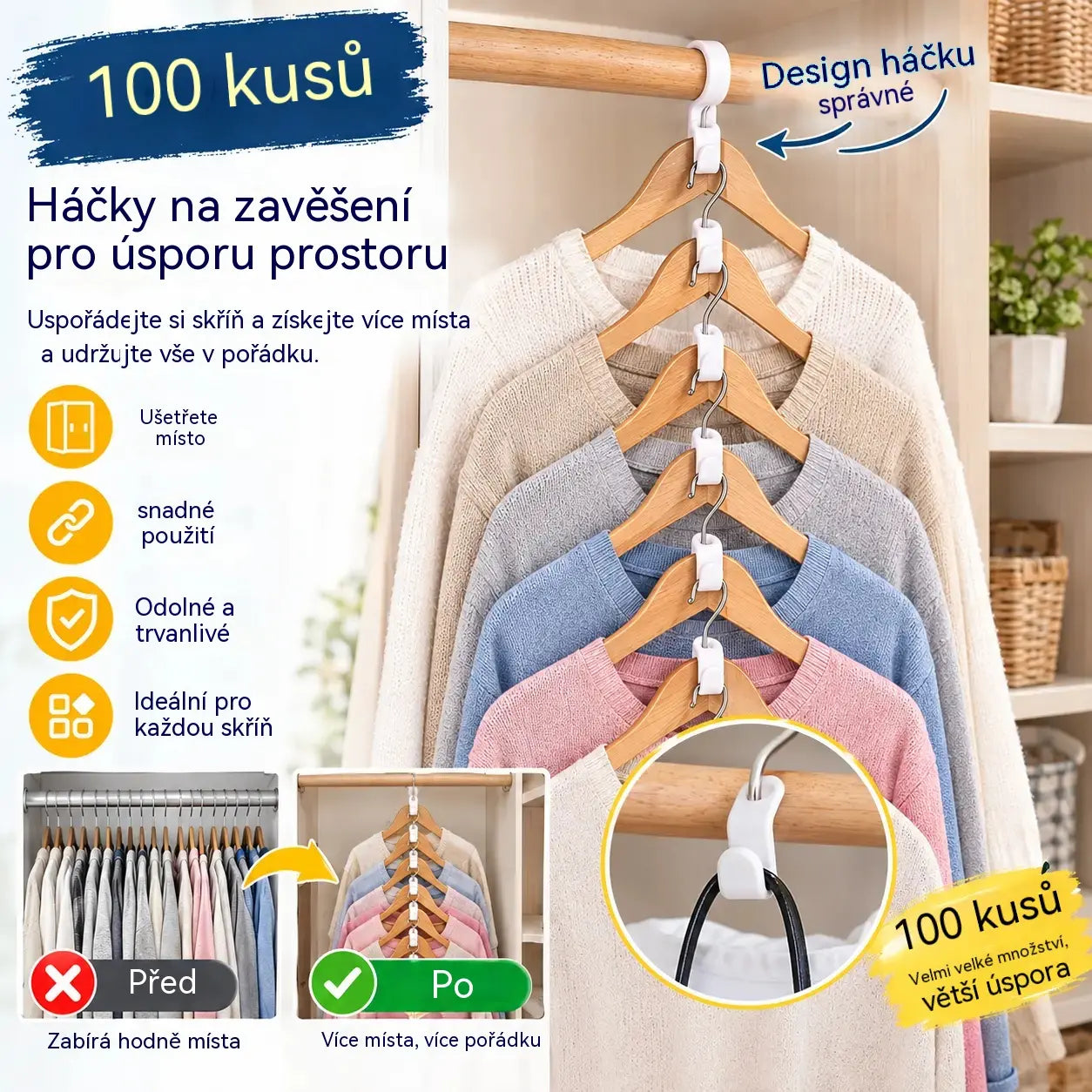 👕✨【Balení 100 kusů】Spojky na ramínka na oblečení šetří místo: Zdvojnásobí úložný prostor ve vaší skříni; jsou robustní a odolné.