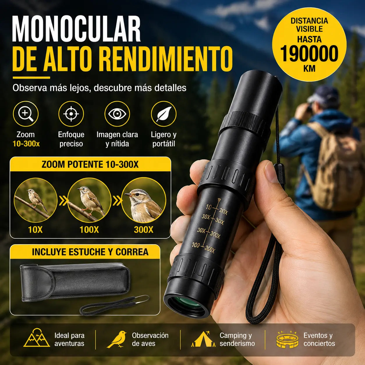 🔭✨ Monocular 10-300x40 con zoom – visión HD de alta potencia para actividades al aire libre y uso nocturno 🌙🏔️