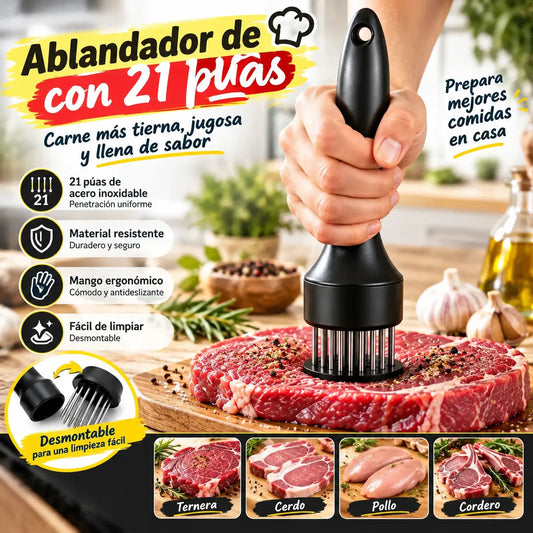 Aguja ablandadora de carne de acero inoxidable de 21 puntas para bistec, barbacoa y cocina.