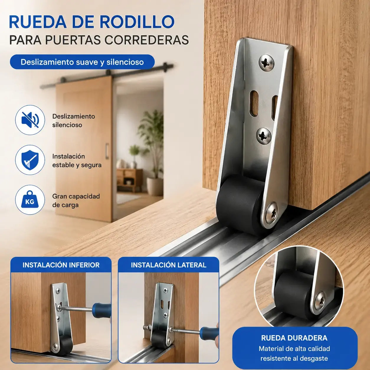 【4 ruedas + 16 tornillos】🚪 Soporte con Rueda para Puerta Caída – Silencioso, Ajustable y Fácil de Instalar 🔧