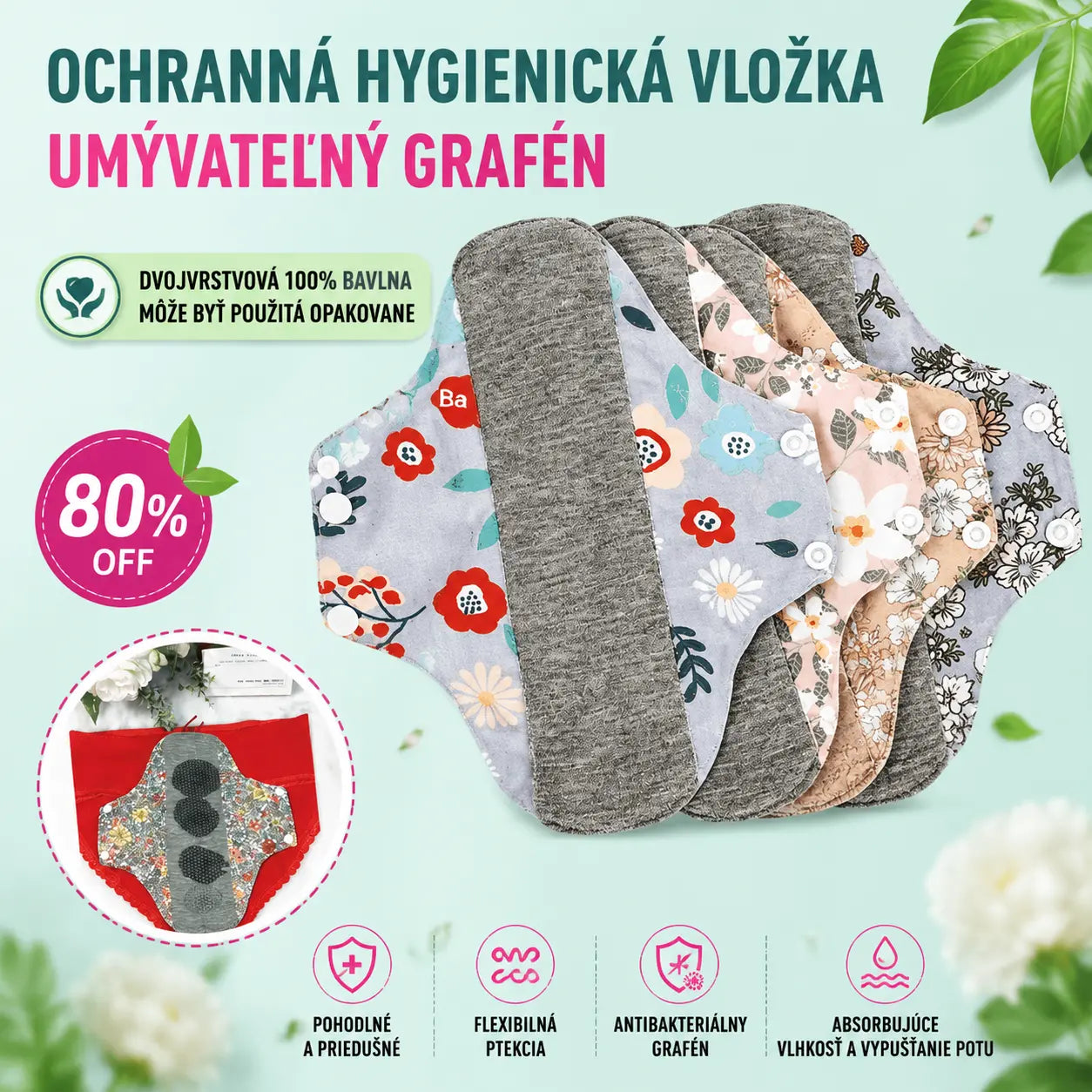 🔥🌈【5 kusov】Umyvateľná antibakteriálna grafénová vložka do spodnej bielizne proti pretekaniu
