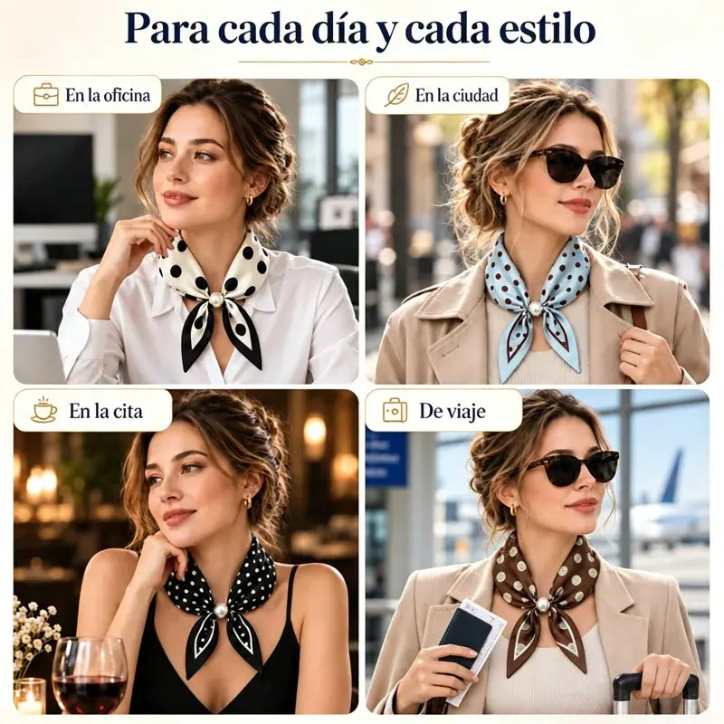 🧣【Juego de 4 piezas】✨ Pañuelo de Seda con Perlas y Cierre Magnético para Mujer | Elegante, Sin Nudos | Varios Estampados 🎀