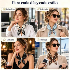 🧣【Juego de 4 piezas】✨ Pañuelo de Seda con Perlas y Cierre Magnético para Mujer | Elegante, Sin Nudos | Varios Estampados 🎀