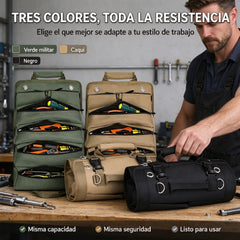 🛠️ Organizador Portaherramientas Enrollable de Tejido Oxford, 4 Compartimentos y 2 Bolsas Desmontables, Resistente para Electricistas, Mecánicos y Carpinteros 🚗