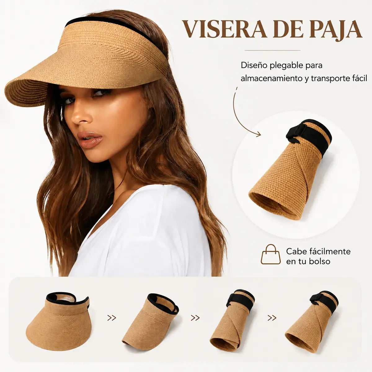 👒🌞 Visera de Paja con Ala Ancha – Protección UV, Ligera, Transpirable y Plegable, Ideal para Playa y Verano 🏖️💃