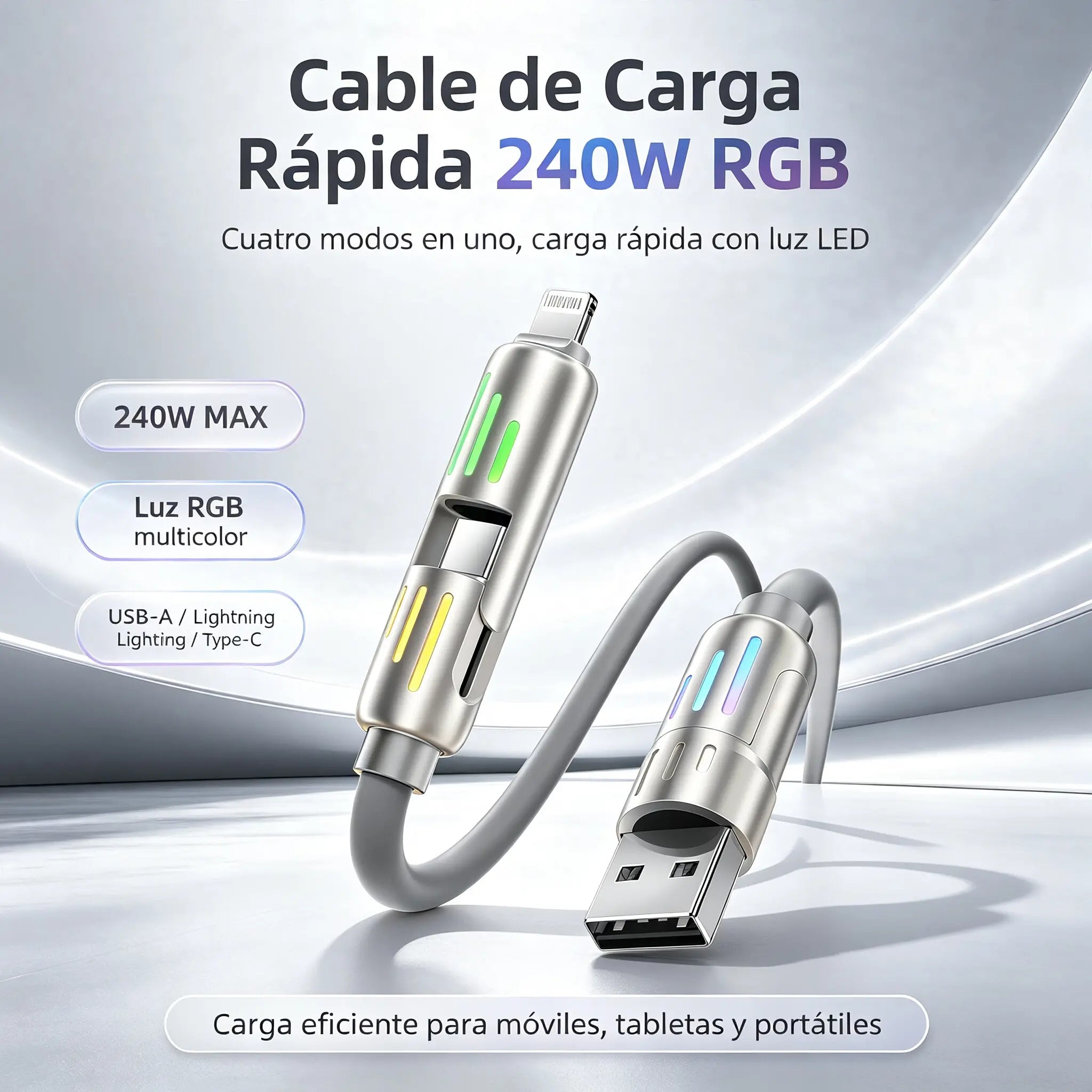 🔥 (2 metros de largo) Cable 4 en 1 PD 240 W – Carga rápida USB‑C, Lightning y USB‑A, aluminio y silicona, sincronización de datos ⚡📱