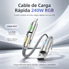 🔥【2 darab 8300 Ft】🔥 (2 méter hosszú) 4 az 1-ben PD 240 W kábel – gyorstöltés USB‑C, Lightning és USB‑A, alumínium és szilikon, adatszinkronizálás ⚡📱